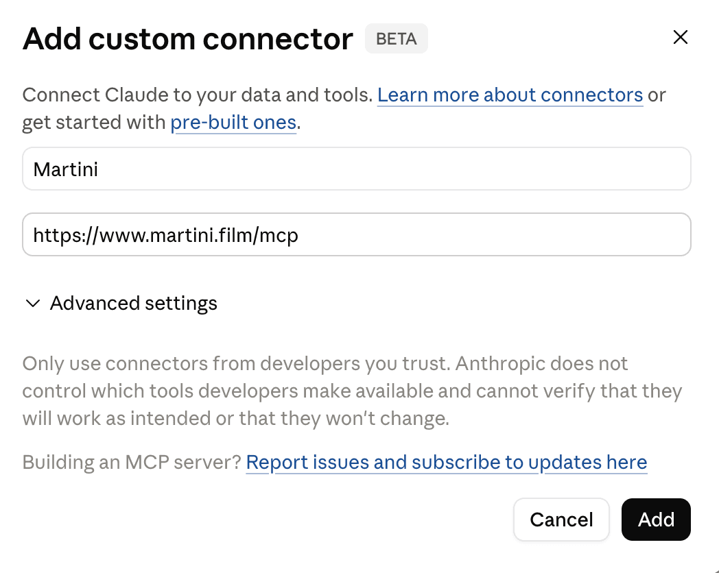 Claude Add custom connector dialog filled with Martini and the Martini MCP URL.